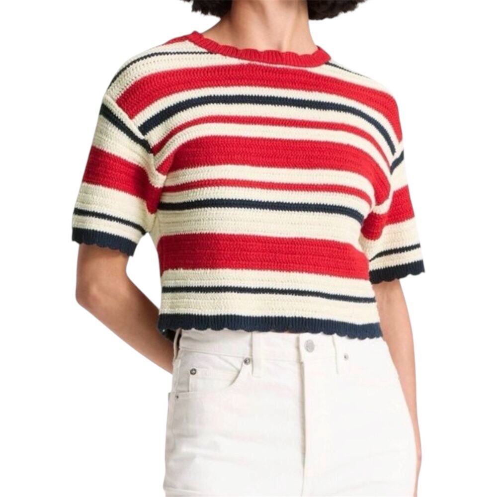 Red White Blue Striped Crochet Knit Crop Sweater Top Nautical Coastal Size Small